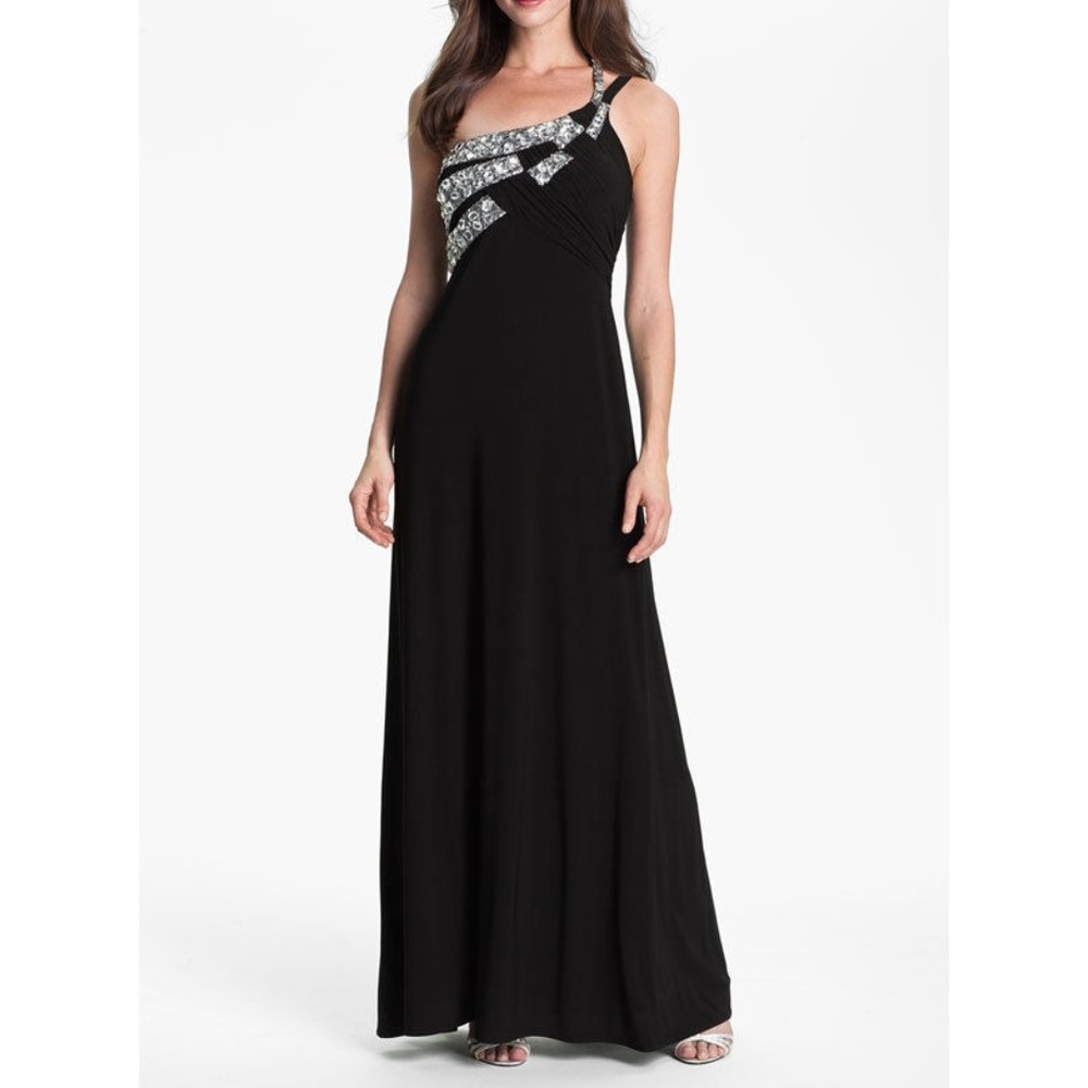 One Shoulder Embellished Trim Jersey Gown